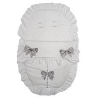 Plain White/Silver Car Seat Footmuff/Cosytoes With Large Bows & Lace